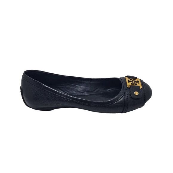 Tory Burch Women's Black Leather Clines Gold Buckle Slip On Flats 5 - Picture 9 of 10